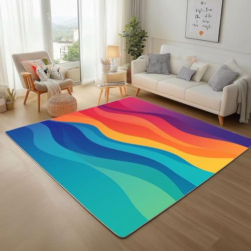 Lwznbio Regenbogen Welle Wohnzimmerteppich 200x280 cm Linie Streifen Teppich Kurzflor, Weich rutschfest Waschbare Teppiche Abstrakt Kunst Eingangsteppich Fußmatte Schlafzimmer Kinderzimmer von Lwznbio