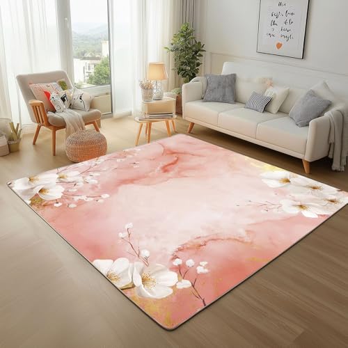 Lwznbio Rosa Gradient Wohnzimmerteppich 200x280 cm Blumen Pflanze Teppich Kurzflor, Weich rutschfest Waschbare Teppiche Aquarell Tuschemalerei Eingangsteppich Fußmatte Schlafzimmer Kinderzimmer von Lwznbio