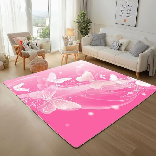 Lwznbio Rosa Schmetterling Wohnzimmerteppich 200x280 cm Tier Drucken Teppich Kurzflor, Weich rutschfest Waschbare Teppiche Modern Ästhetik Eingangsteppich Fußmatte Schlafzimmer Kinderzimmer von Lwznbio