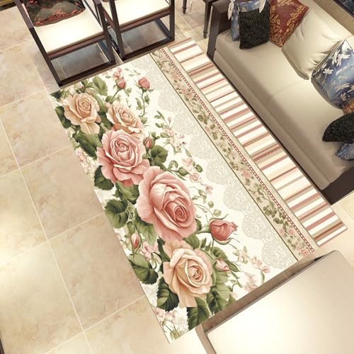Lwznbio Rose Blumen Wohnzimmerteppich 200x280 cm Blumenmuster Teppich Kurzflor, Weich rutschfest Waschbare Teppiche Blumenfeld Eingangsteppich Fußmatte Schlafzimmer Kinderzimmer von Lwznbio