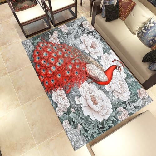 Lwznbio Rot Pfau Wohnzimmerteppich 200x280 cm Pfingstrosen Teppich Kurzflor, Weich rutschfest Waschbare Teppiche Wilde Tiere Eingangsteppich Fußmatte Schlafzimmer Kinderzimmer von Lwznbio