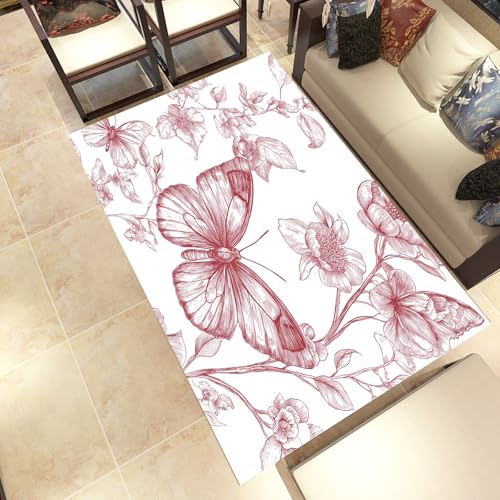 Lwznbio Rot Schmetterling Wohnzimmerteppich 200x280 cm Vintage Blumen Teppich Kurzflor, Weich rutschfest Waschbare Teppiche Blumenmuster Eingangsteppich Fußmatte Schlafzimmer Kinderzimmer von Lwznbio