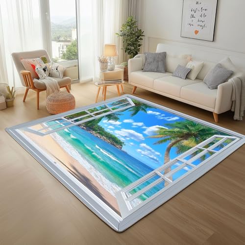 Lwznbio Strand Meerblick Wohnzimmerteppich 200x280 cm Natürliche Landschaft Teppich Kurzflor, Weich rutschfest Waschbare Teppiche Tropische Palme Eingangsteppich Fußmatte Schlafzimmer Kinderzimmer von Lwznbio