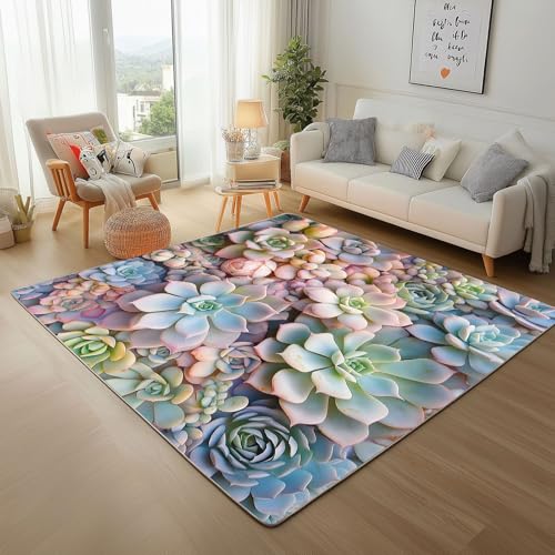 Lwznbio Sukkulenten Wohnzimmerteppich 200x280 cm 3D Blumen Teppich Kurzflor, Weich rutschfest Waschbare Teppiche Farbe Blumenmuster Eingangsteppich Fußmatte Schlafzimmer Kinderzimmer von Lwznbio