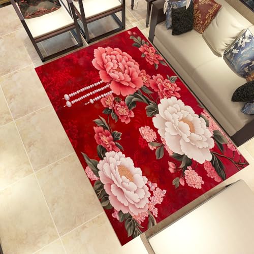 Lwznbio Teppich 120x170 cm Pfingstrosen Waschbare Teppiche Blumenmuster Wohnzimmer Schlafzimmer Teppisch Chinesisch Stil Carpet rutschfest Kurzflor Weich for Room, Esszimmer, Büro von Lwznbio