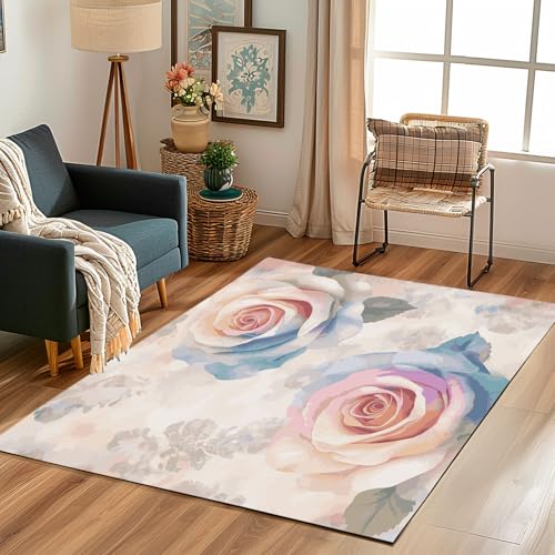 Lwznbio Teppich 200x300 cm Waschbarer Farbe Rose Wohnzimmerteppich Weich Blumenmuster Teppiche Groß rutschfest Kurzflor für Schlafzimmer, Esszimmer, Schlafzimmer, Spielzimmer von Lwznbio