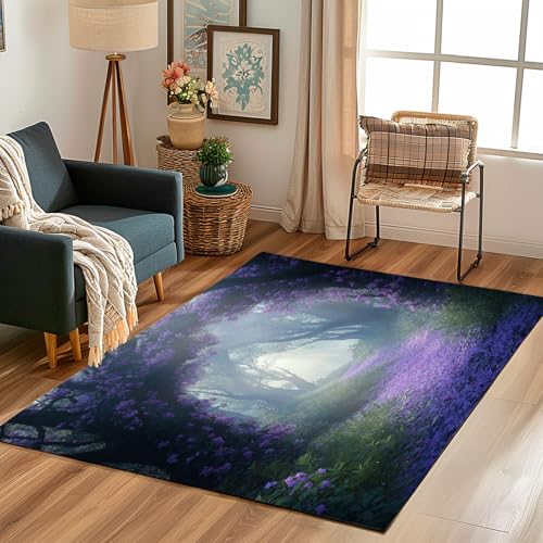 Lwznbio Teppich 200x300 cm Waschbarer Nebel Wald Wohnzimmerteppich Weich Dschungel Blumenmuster Teppiche Groß rutschfest Kurzflor für Schlafzimmer, Esszimmer, Schlafzimmer, Spielzimmer von Lwznbio