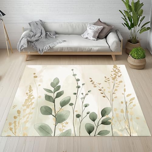 Lwznbio Teppich Antirutschunterlage 120x170 cm Aquarell Blatt Carpet Schlafzimmer Waschbarer Natürliche Blätter Teppiche Weich Kurzflor für Wohnzimmer, Kinderzimmer, Esszimmer, Büro von Lwznbio