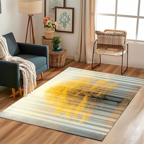 Lwznbio Teppich Antirutschunterlage 120x170 cm Birkenwald Streifen Carpet Schlafzimmer Waschbarer Natürliche Pflanze Teppiche Weich Kurzflor für Wohnzimmer, Kinderzimmer, Esszimmer, Büro von Lwznbio