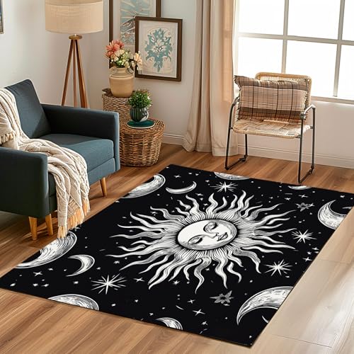 Lwznbio Teppich Antirutschunterlage 120x170 cm Boho Sonne Carpet Schlafzimmer Waschbarer Stern Mond Teppiche Weich Kurzflor für Wohnzimmer, Kinderzimmer, Esszimmer, Büro von Lwznbio