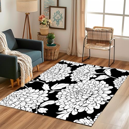 Lwznbio Teppich Antirutschunterlage 120x170 cm Chrysantheme Schwarz Weiß Carpet Schlafzimmer Waschbarer Blumenmuster Teppiche Weich Kurzflor für Wohnzimmer, Kinderzimmer, Esszimmer, Büro von Lwznbio