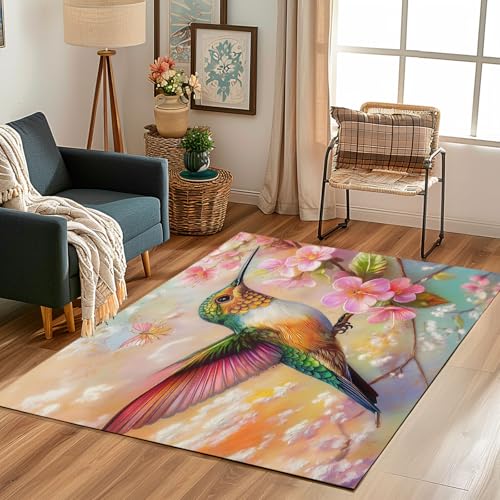 Lwznbio Teppich Antirutschunterlage 120x170 cm Kolibri Pfirsichblüte Carpet Schlafzimmer Waschbarer Tierliebhaber Teppiche Weich Kurzflor für Wohnzimmer, Kinderzimmer, Esszimmer, Büro von Lwznbio