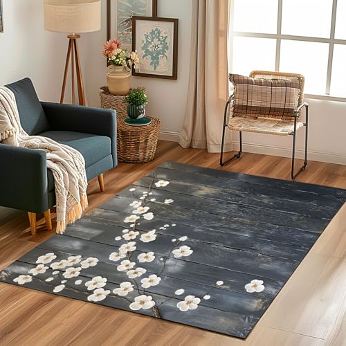 Lwznbio Teppich Antirutschunterlage 120x170 cm Pfirsichblüte Kirschblüten Carpet Schlafzimmer Waschbarer Holzmaserung Teppiche Weich Kurzflor für Wohnzimmer, Kinderzimmer, Esszimmer, Büro von Lwznbio