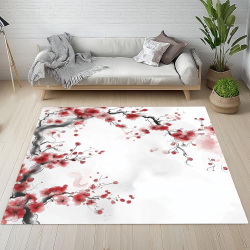 Lwznbio Teppich Läufer 80x150 cm Aquarell Kirschblüten Wohnzimmerteppich Kurzflor Waschbar rutschfest Pflaumenbusch Teppiche Weich für Eingang Flur, Küche, Wohnzimmer, Schlafzimmer von Lwznbio