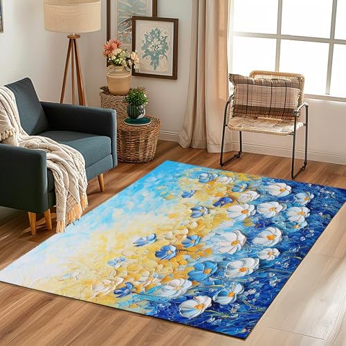 Lwznbio Teppich Läufer 80x150 cm Blau Malerei Blumen Wohnzimmerteppich Kurzflor Waschbar rutschfest Blumenfeld Blumenmuster Teppiche Weich für Eingang Flur, Küche, Wohnzimmer, Schlafzimmer von Lwznbio