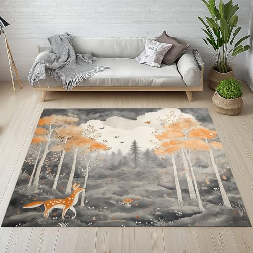 Lwznbio Teppich Läufer 80x150 cm Dschungel Wald Wohnzimmerteppich Kurzflor Waschbar rutschfest REH Tierwelt Teppiche Weich für Eingang Flur, Küche, Wohnzimmer, Schlafzimmer von Lwznbio