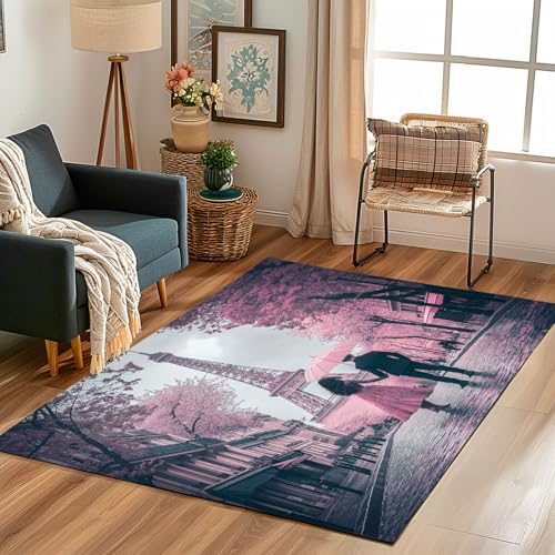 Lwznbio Teppich Läufer 80x150 cm Eiffelturm Landschaft Wohnzimmerteppich Kurzflor Waschbar rutschfest Romantisch Paris Turm Teppiche Weich für Eingang Flur, Küche, Wohnzimmer, Schlafzimmer von Lwznbio