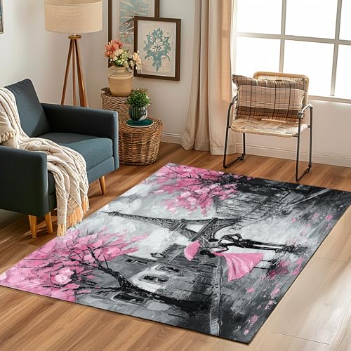 Lwznbio Teppich Läufer 80x150 cm Eiffelturm Paris Turm Wohnzimmerteppich Kurzflor Waschbar rutschfest Kirschblüten Teppiche Weich für Eingang Flur, Küche, Wohnzimmer, Schlafzimmer von Lwznbio