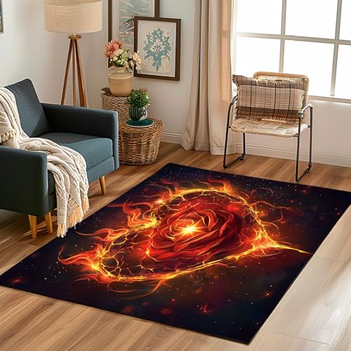 Lwznbio Teppich Läufer 80x150 cm Flamme Herzen Rose Wohnzimmerteppich Kurzflor Waschbar rutschfest Blumenmuster Teppiche Weich für Eingang Flur, Küche, Wohnzimmer, Schlafzimmer von Lwznbio