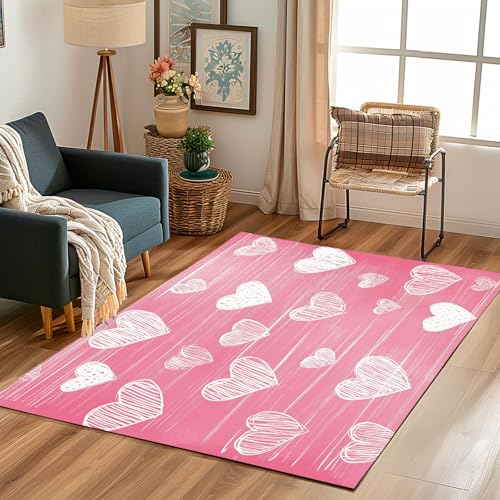 Lwznbio Teppich Läufer 80x150 cm Herzen Muster Wohnzimmerteppich Kurzflor Waschbar rutschfest Linie Streifen Teppiche Weich für Eingang Flur, Küche, Wohnzimmer, Schlafzimmer von Lwznbio