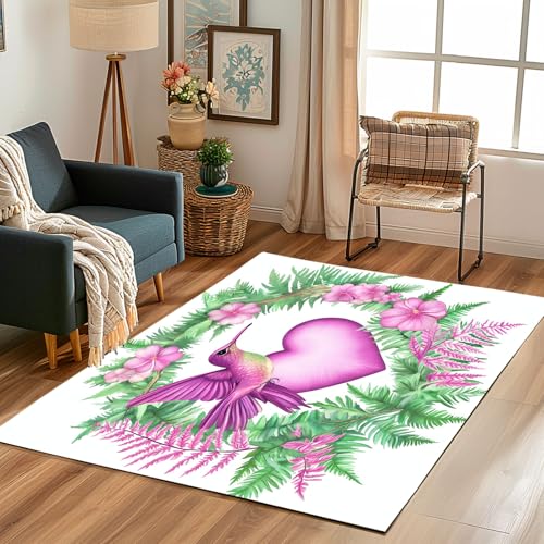 Lwznbio Teppich Läufer 80x150 cm Kolibri Herzen Muster Wohnzimmerteppich Kurzflor Waschbar rutschfest Blumenmuster Teppiche Weich für Eingang Flur, Küche, Wohnzimmer, Schlafzimmer von Lwznbio