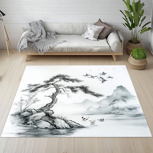 Lwznbio Teppich Läufer 80x150 cm Landschaftsmalerei Wohnzimmerteppich Kurzflor Waschbar rutschfest Tuschemalerei Teppiche Weich für Eingang Flur, Küche, Wohnzimmer, Schlafzimmer von Lwznbio