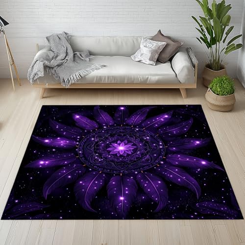 Lwznbio Teppich Läufer 80x150 cm Lila Blumen Feder Wohnzimmerteppich Kurzflor Waschbar rutschfest Blumenmuster Teppiche Weich für Eingang Flur, Küche, Wohnzimmer, Schlafzimmer von Lwznbio