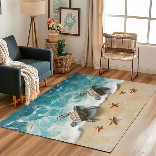 Lwznbio Teppich Läufer 80x150 cm Meeresschildkröten Wohnzimmerteppich Kurzflor Waschbar rutschfest Meer Wellen Teppiche Weich für Eingang Flur, Küche, Wohnzimmer, Schlafzimmer von Lwznbio