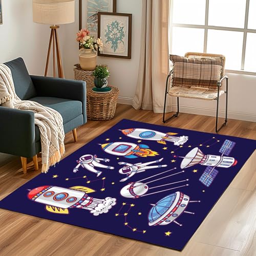 Lwznbio Teppich Läufer 80x150 cm Rakete Astronaut Wohnzimmerteppich Kurzflor Waschbar rutschfest Weltraum Thema Teppiche Weich für Eingang Flur, Küche, Wohnzimmer, Schlafzimmer von Lwznbio