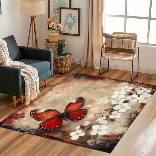 Lwznbio Teppich Läufer 80x150 cm Schmetterling Blumen Wohnzimmerteppich Kurzflor Waschbar rutschfest Alte Zeitung Teppiche Weich für Eingang Flur, Küche, Wohnzimmer, Schlafzimmer von Lwznbio