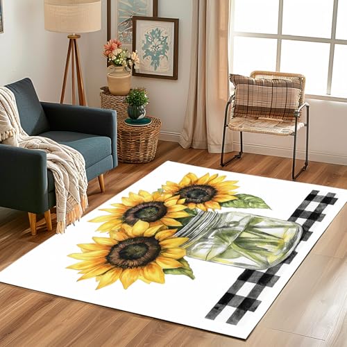Lwznbio Teppich Läufer 80x150 cm Sonnenblume Vase Wohnzimmerteppich Kurzflor Waschbar rutschfest Pastoralstil Blumenmuster Teppiche Weich für Eingang Flur, Küche, Wohnzimmer, Schlafzimmer von Lwznbio