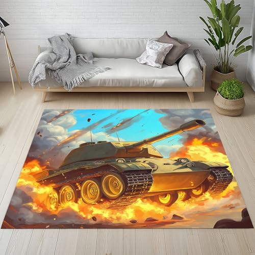 Lwznbio Teppich Läufer 80x150 cm Tank Panzer Wohnzimmerteppich Kurzflor Waschbar rutschfest Karikatur Stil Teppiche Weich für Eingang Flur, Küche, Wohnzimmer, Schlafzimmer von Lwznbio