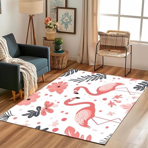 Lwznbio Teppich Läufer 80x150 cm Tropische Flamingo Wohnzimmerteppich Kurzflor Waschbar rutschfest Tierliebhaber Teppiche Weich für Eingang Flur, Küche, Wohnzimmer, Schlafzimmer von Lwznbio
