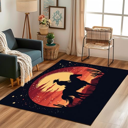 Lwznbio Teppich Läufer 80x150 cm Western Cowboy Wohnzimmerteppich Kurzflor Waschbar rutschfest Sonnenuntergang Teppiche Weich für Eingang Flur, Küche, Wohnzimmer, Schlafzimmer von Lwznbio