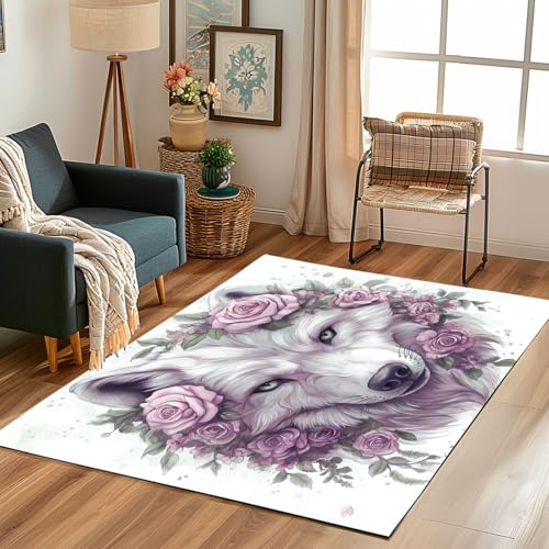 Lwznbio Teppich Läufer 80x150 cm Wolfskopf Rose Wohnzimmerteppich Kurzflor Waschbar rutschfest Tierwelt Tierliebhaber Teppiche Weich für Eingang Flur, Küche, Wohnzimmer, Schlafzimmer von Lwznbio