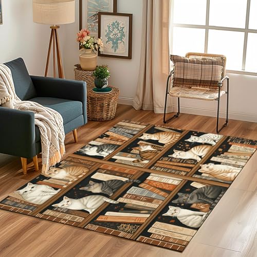 Lwznbio Teppich Waschbarer 150x210 cm Bücherregal Bücher Wohnzimmerteppich rutschfest Niedlich Katze Kätzchen Teppiche Groß Weich Kurzflor für Schlafzimmer, Esszimmer, Büro, Spielzimmer von Lwznbio