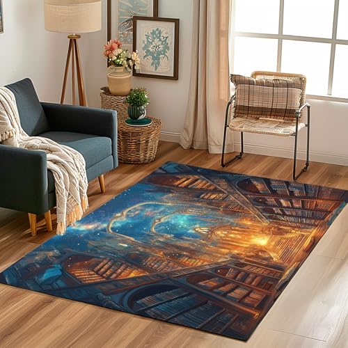 Lwznbio Teppich Waschbarer 150x210 cm Bücherregal Bücher Wohnzimmerteppich rutschfest Sternenhimmel Bibliothek Teppiche Groß Weich Kurzflor für Schlafzimmer, Esszimmer, Büro, Spielzimmer von Lwznbio
