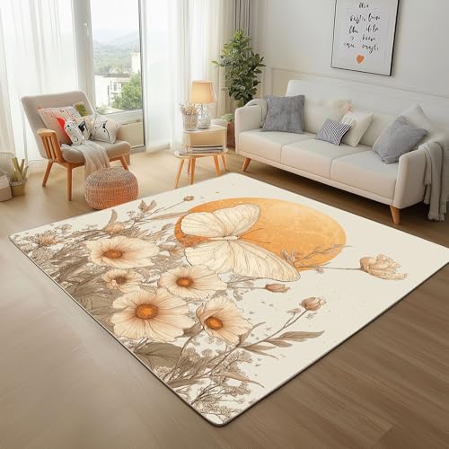 Lwznbio Teppich Waschbarer 150x210 cm Mohnblumen Schmetterling Wohnzimmerteppich rutschfest Ländlich Pastoralstil Teppiche Groß Weich Kurzflor für Schlafzimmer, Esszimmer, Büro, Spielzimmer von Lwznbio