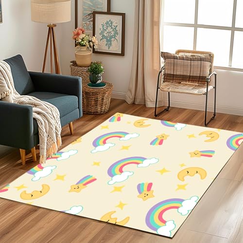 Lwznbio Teppich Waschbarer 150x210 cm Regenbogen Stern Mond Wohnzimmerteppich rutschfest Karikatur Stil Teppiche Groß Weich Kurzflor für Schlafzimmer, Esszimmer, Büro, Spielzimmer von Lwznbio
