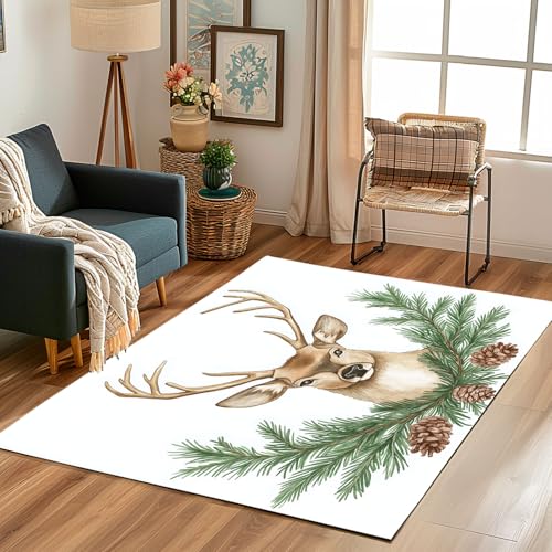 Lwznbio Teppich Wohnzimmer 160x200 cm Hirschkopf Tannenzapfen Teppiche Büro Weich Kurzflor Waschbare Tierliebhaber Tierwelt Carpet Weich rutschfest für Esszimmer, Büro, Spielzimmer, Kinderzimmer von Lwznbio