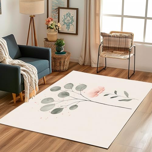 Lwznbio Teppich Wohnzimmer Weich 60x120 cm Minimalismus Blumenmuster Eingangsteppich Waschbarer Aquarell Blumen Pflanze Teppiche Kurzflor rutschfest für Flur, Küche, Schlafzimmer, Esszimmer von Lwznbio