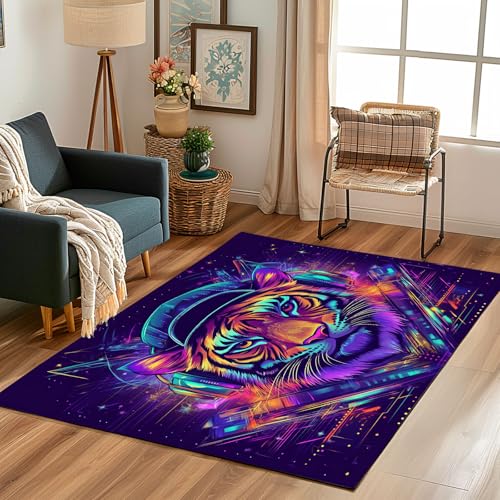 Lwznbio Teppich Wohnzimmer Weich 60x120 cm Tigerkopf Cyberpunk Eingangsteppich Waschbarer Tierwelt Tierliebhaber Teppiche Kurzflor rutschfest für Flur, Küche, Schlafzimmer, Esszimmer von Lwznbio