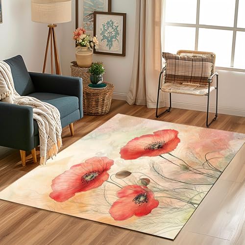 Lwznbio Teppich rutschfest Kinderzimmer 140x200 cm Aquarell Mohnblumen Teppich Wohnzimmer Waschbarer Mohn Blumenmuster Carpet Weich Kurzflor für Schlafzimmer, Esszimmer, Küche Lwznbio Teppich rutschfest Kinderzimmer 140x200 cm Aquarell Mohnblumen Teppich Wohnzimmer Waschbarer Mohn Blumenmuster Carpet Weich Kurzflor für Schlafzimmer, Esszimmer, Küche von Lwznbio
