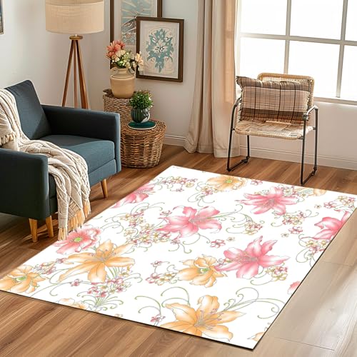 Lwznbio Teppich rutschfest Kinderzimmer 140x200 cm Lilie Blumenmuster Teppich Wohnzimmer Waschbarer Blumen Pflanze Carpet Weich Kurzflor für Schlafzimmer, Esszimmer, Küche von Lwznbio
