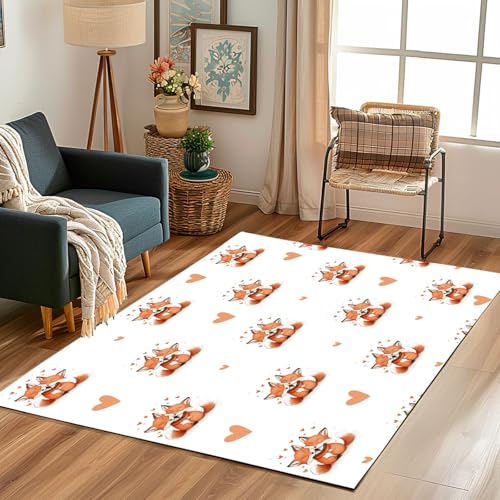 Lwznbio Teppich rutschfest Kinderzimmer 140x200 cm Niedlich Fuchs Teppich Wohnzimmer Waschbarer Tierliebhaber Carpet Weich Kurzflor für Schlafzimmer, Esszimmer, Küche von Lwznbio