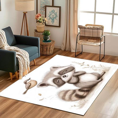 Lwznbio Teppich rutschfest Kinderzimmer 140x200 cm Niedlich Waschbär Teppich Wohnzimmer Waschbarer Tierliebhaber Carpet Weich Kurzflor für Schlafzimmer, Esszimmer, Küche von Lwznbio