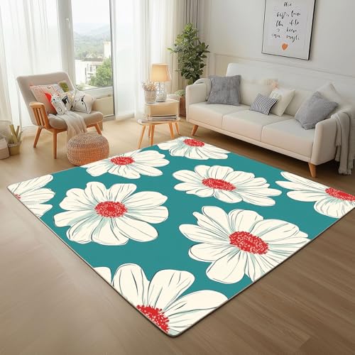 Lwznbio Teppiche Groß Weich 200x200 cm Blumenmuster Teppich Wohnzimmer rutschfest Waschbar Weiß Blumen Pflanze Carpet Kurzflor für Schlafzimmer, Kinderzimmer, Esszimmer, Küche von Lwznbio