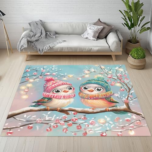 Lwznbio Teppiche Groß Weich 200x200 cm Niedlich Bird Teppich Wohnzimmer rutschfest Waschbar Pflaumenbusch Carpet Kurzflor für Schlafzimmer, Kinderzimmer, Esszimmer, Küche von Lwznbio