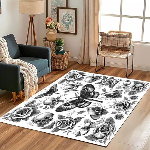 Lwznbio Teppiche Groß Weich 200x200 cm Totenkopf Motte Rose Teppich Wohnzimmer rutschfest Waschbar Vintage Boho Carpet Kurzflor für Schlafzimmer, Kinderzimmer, Esszimmer, Küche Lwznbio Teppiche Groß Weich 200x200 cm Totenkopf Motte Rose Teppich Wohnzimmer rutschfest Waschbar Vintage Boho Carpet Kurzflor für Schlafzimmer, Kinderzimmer, Esszimmer, Küche von Lwznbio