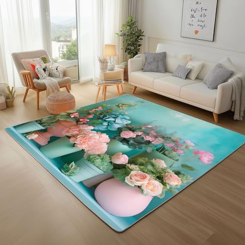 Lwznbio Topfpflanze Wohnzimmerteppich 200x280 cm 3D Blumen Teppich Kurzflor, Weich rutschfest Waschbare Teppiche Farbe Blumenmuster Eingangsteppich Fußmatte Schlafzimmer Kinderzimmer von Lwznbio